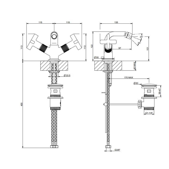 GESSI INCISO Смеситель для биде на 1 отверстие с донным клапаном, излив 97мм, цвет: Black XL