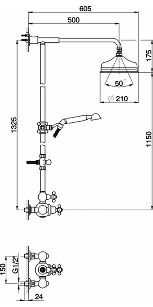 CISAL Arcana Ceramic Душевой комплект: термостатический смеситель, стойка с верхним душем, лейка+шланг, цвет золото