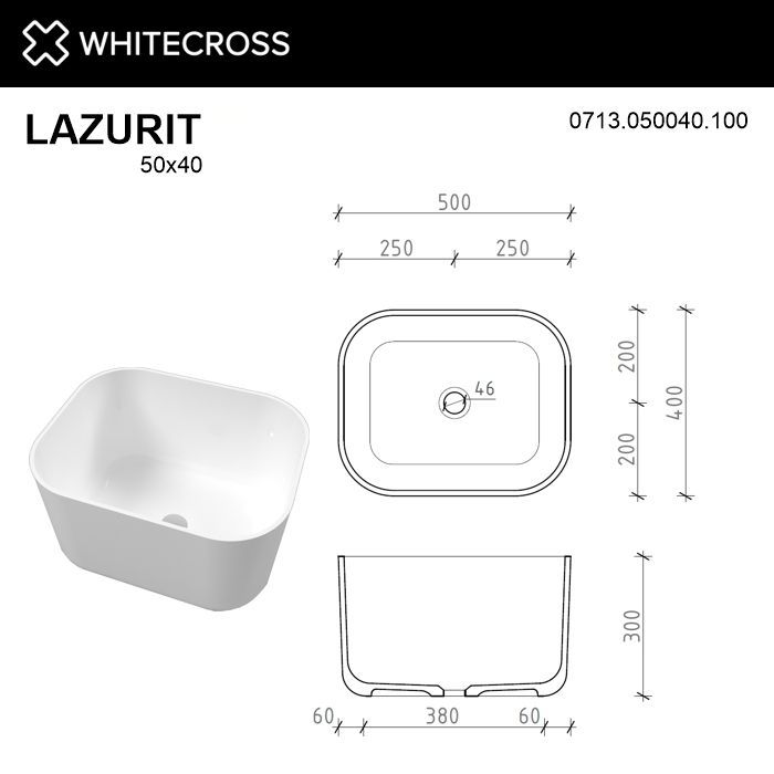 Умывальник WHITECROSS Lazurit 50x40 (белый глянец) иск. камень Умывальник WHITECROSS Lazurit 50x40 (белый глянец) иск. камень
