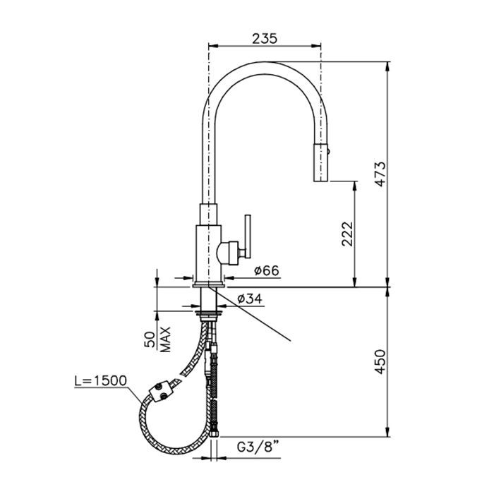 Nicolazzi Cucina  Смеситель для раковины на 1 отверстие, с выдвижным распылителем,излив 235 мм цвет Brushed Bronze