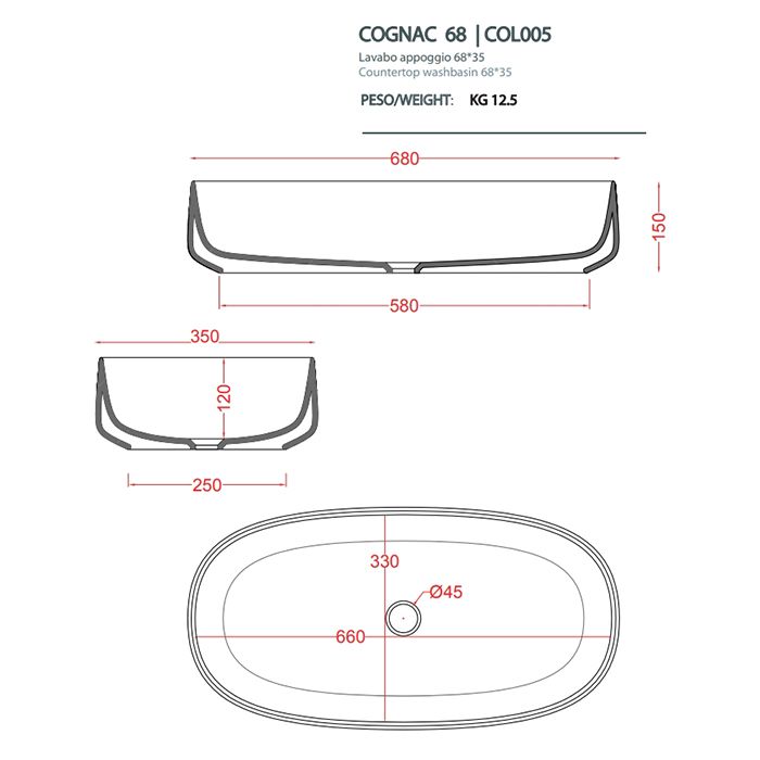 Artceram COGNAC Раковина накладная,68х35хh15см, без отв под смеситель, без перелива, цвет: grigio oliva