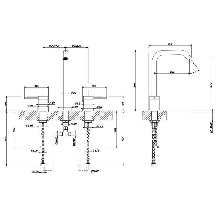 GESSI 316 Смеситель для раковины на 3 отверстия, без донного клапана, излив 156мм, h=269мм, цвет: steel brushed