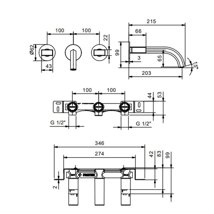 Fantini Venezia смеситель настенный -наружная часть, без ручек, цвет золото плюс