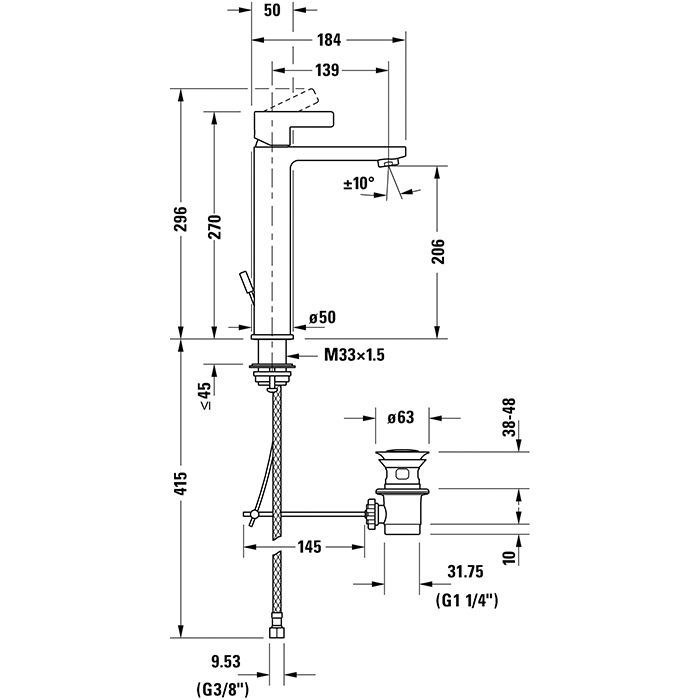 Duravit D-Neo Смеситель для раковины на 1 отв., с донным клапаном, h=270мм, излив 139мм цвет: хром, артикул DE1030001010