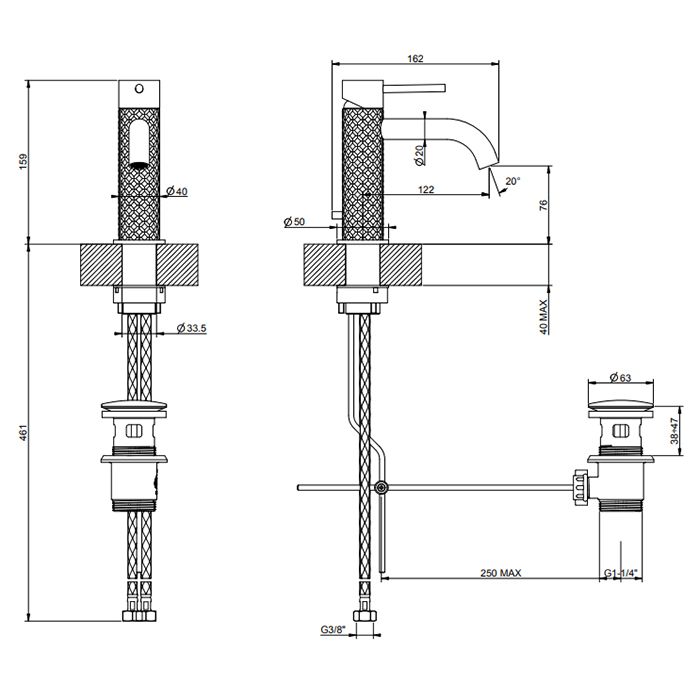 GESSI 316 Смеситель для раковины на 1 отверстие с донным клапаном, излив 123мм, цвет: brushed black metal pvd