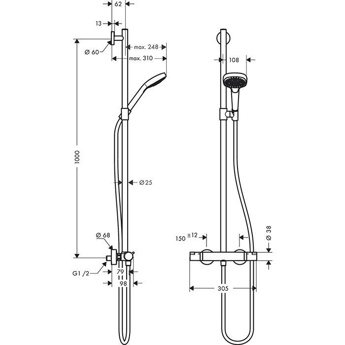 HG Croma Select E Душевая система  SemiPipe Multi:  ручной душ 3jet, термостат для душа, штанга для душа, держатель для душа, цвет: белый/хром HG Croma Select E Душевая система  SemiPipe Multi:  ручной душ 3jet, термостат для душа, штанга для душа, держатель для душа, цвет: белый/хром