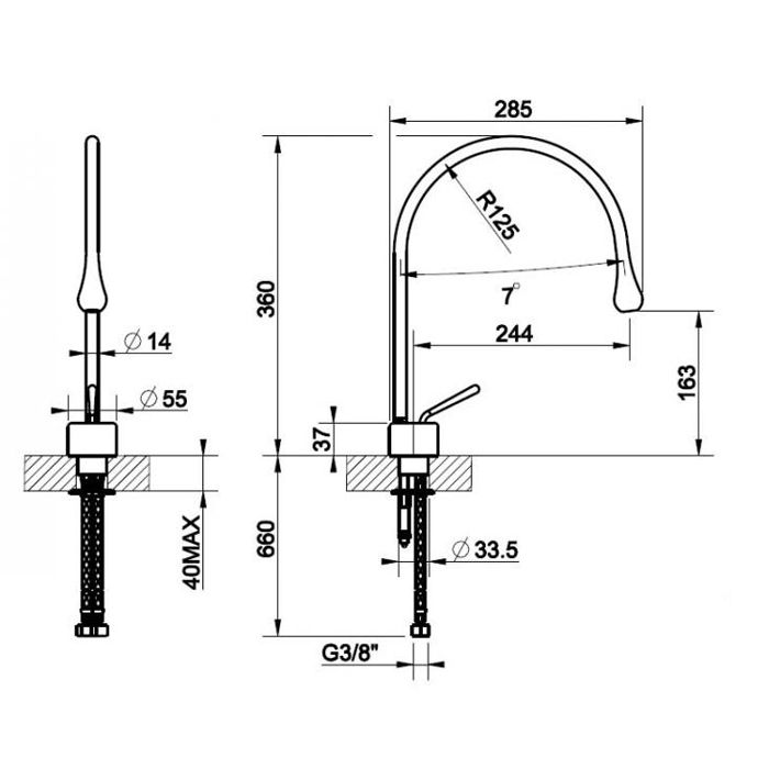 Gessi Goccia Смеситель для раковины на 1 отверстие, излив 244мм R=125, цвет: черный