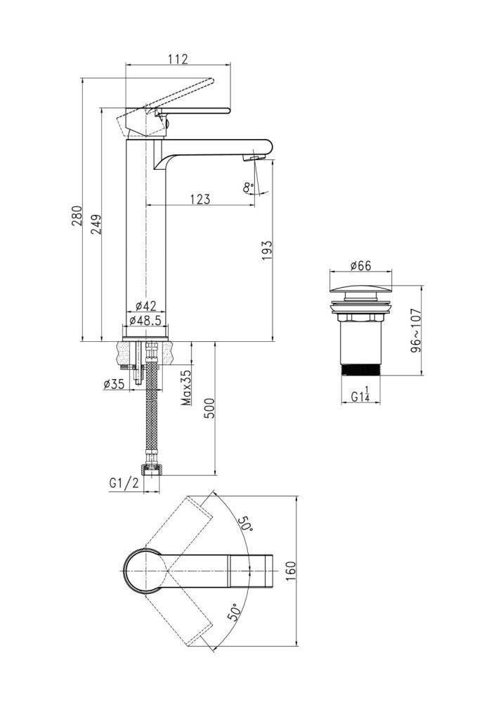 Смеситель для раковины высокий Cersanit BRASKO BLACK однорычажный черный клик клак (63111), артикул 63111