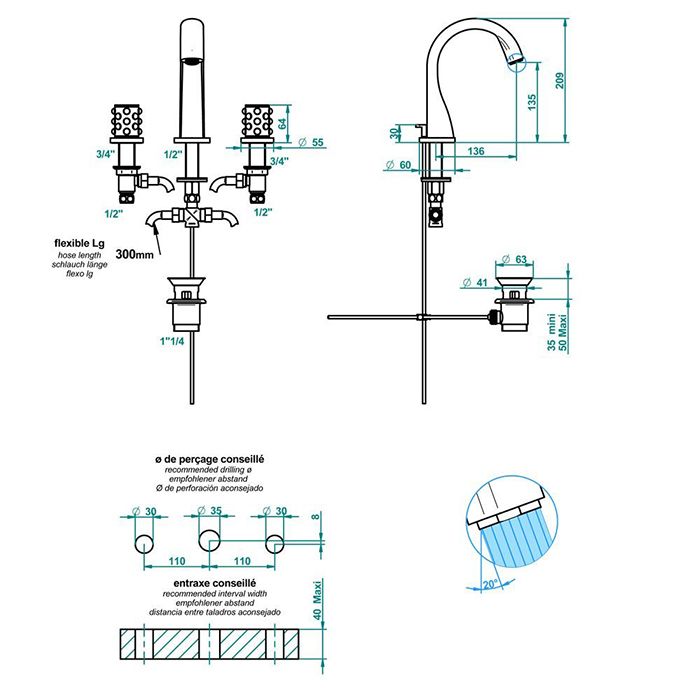 THG MOSSI CRISTAL CLAIR Смеситель для раковины на 3 отверстия, с донным клапаном, цвет хром