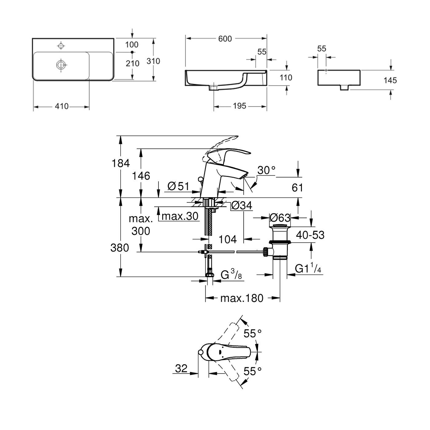 Комплект 2 в 1 Lavinia Boho Bathroom Sink 21510444, накладная фарфоровая раковина 60 см, смеситель с донным клапаном