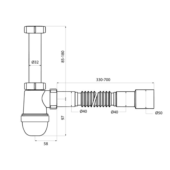 Сифон бутылочный IDDIS Optima Home 1.1/4x40мм, с гофротрубой 40/50мм (900B000010VD), артикул 900B000010VD