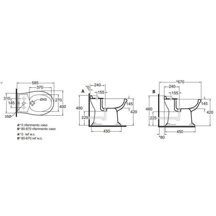 AZZURRA JUBILAEUM биде напольное приставное 59*40см с 3 отв под смеситель, цвет белый с креплением к полу