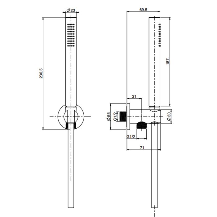 FIMA|Carlo Frattini Spillo Steel Душевой комплект с ручным душем, шлангом 1500 мм. и настенным держателем с подводом воды, цвет INOX FIMA|Carlo Frattini Spillo Steel Душевой комплект с ручным душем, шлангом 1500 мм. и настенным держателем с подводом воды, цвет INOX