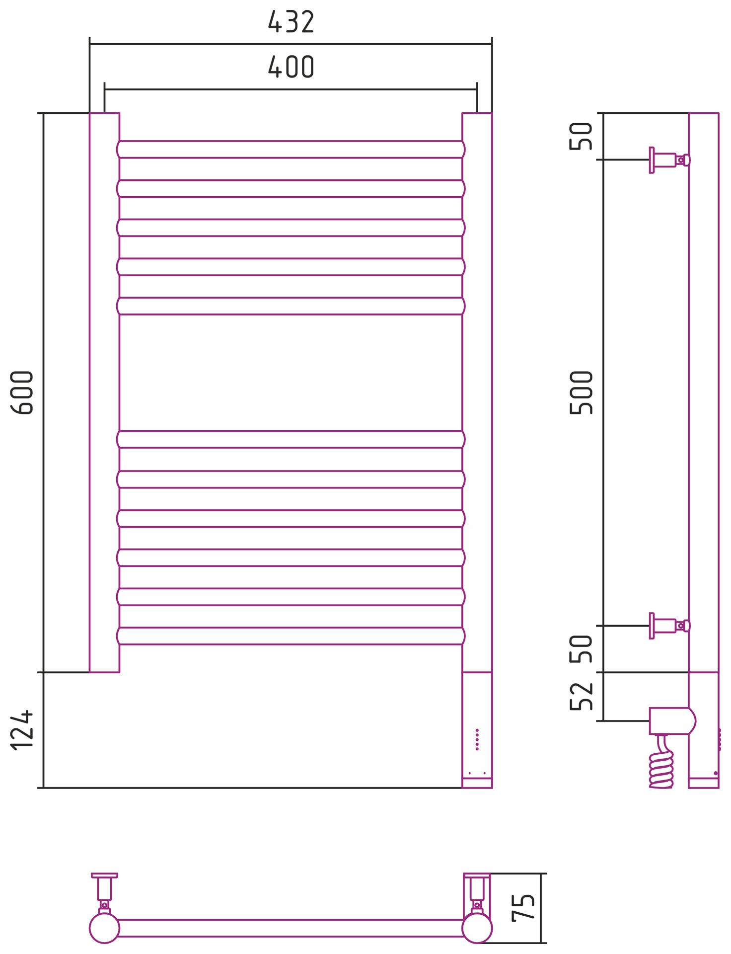 Полотенцесушитель, Сунержа, Богема 3.0, электрический, ширина, мм-432, глубина, мм-75, высота, мм-600, подключение-справа, электрокомплект-МЭМ, материал-нержавеющая сталь, цвет-белый матовый