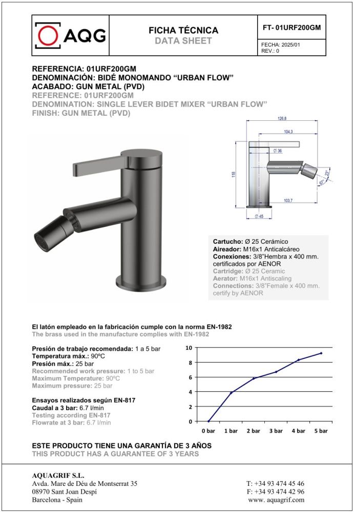 AQG Urban Flow, однорычажный смеситель для биде без донного клапана, цвет оружейная сталь (PVD)
