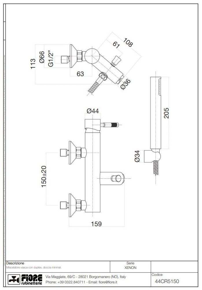 Fiore Xenon, однорычажный смеситель для ванны (излив 15 см), с набором для душа, цвет золото