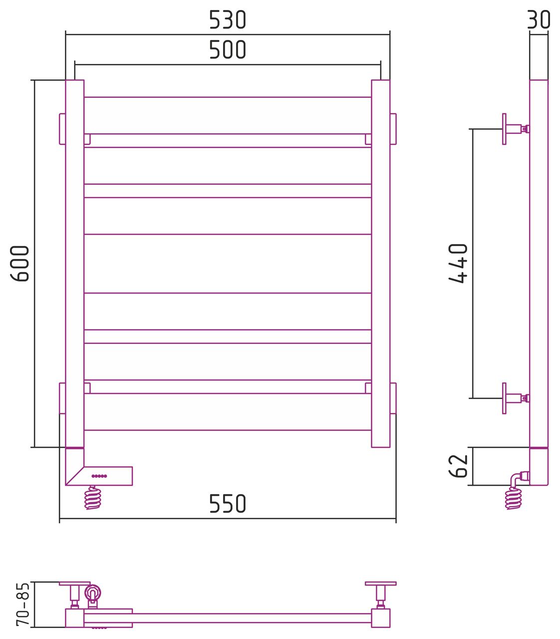 Полотенцесушитель электрический "ЦЕНТУРИОН 2.0" 600х500 / МЭМ левый (БЕЛЫЙ)