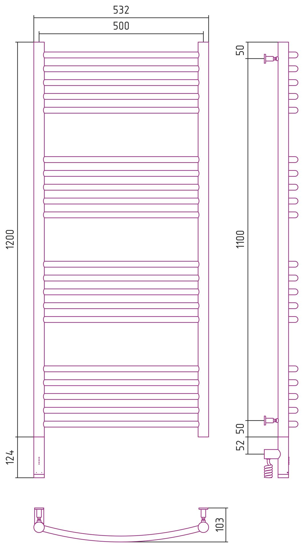 Полотенцесушитель электрический "БОГЕМА 3.0" 1200х500 / МЭМ левый (Сатин)