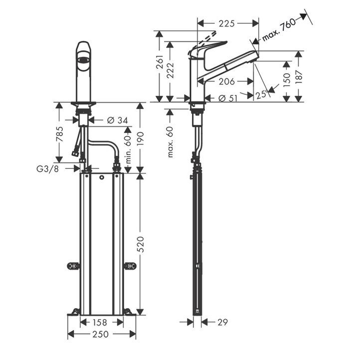 HG Focus M42 Кухонный смеситель на 1 отв, однорычажный, поворотный излив 225мм с вытяжным душем, 1jet, h150м, sBox, 1jet, цвет: под сталь HG Focus M42 Кухонный смеситель на 1 отв, однорычажный, поворотный излив 225мм с вытяжным душем, 1jet, h150м, sBox, 1jet, цвет: под сталь