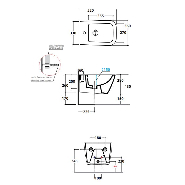 GLOBO Stone Биде подвесное 52*36см, c 1 отв.под смеситель, системой скрытого крепежа, цвет черный матовый
