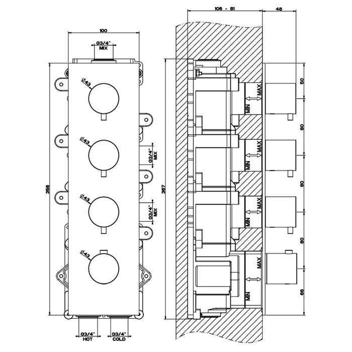 GESSI 316 Встраиваемый термостатический смеситель на 3 источника, резьба 3/4" (внешние части), цвет: brushed black metal pvd