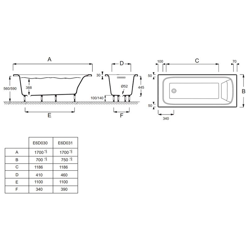 Ванна из материала Flight Jacob Delafon Elite 170x75 E6D031-00 без гидромассажа