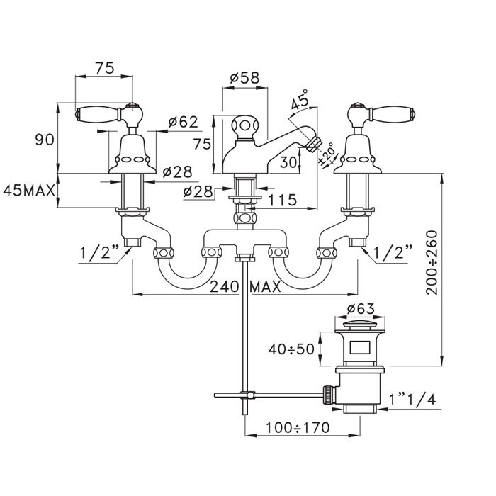 Stella Italica Leve Смеситель для биде на 3 отверстия 3601, с донным клапаном, цвет: хром