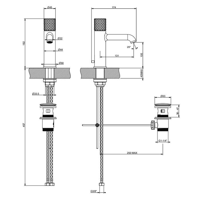 GESSI HABITO INTRECCIO Смеситель для раковины на 1 отверстие, однорычажный, в комплекте с донным клапаном, цвет Black Metal PVD