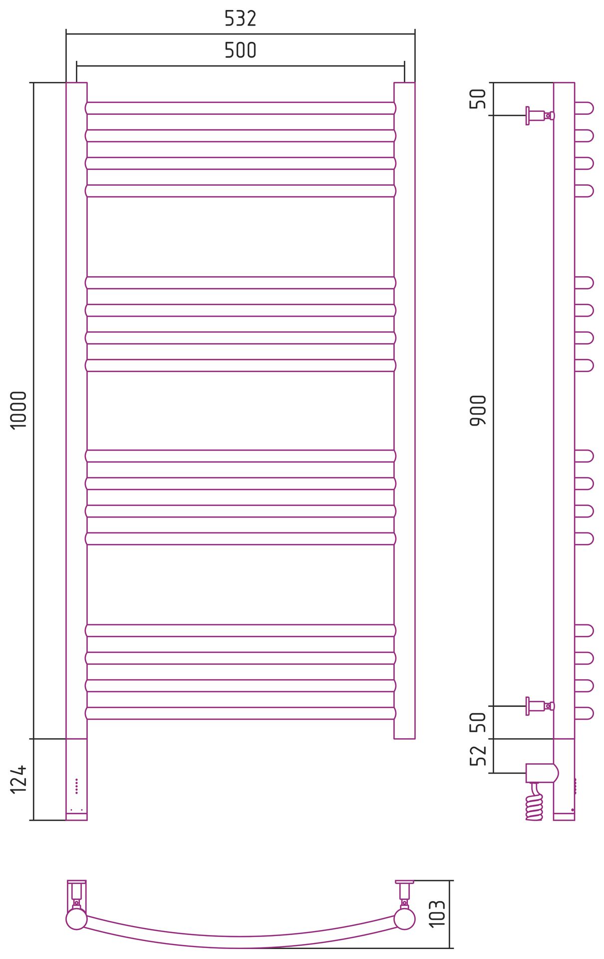 Полотенцесушитель электрический "БОГЕМА 3.0" 1000х500 / МЭМ левый (Матовый чёрный)