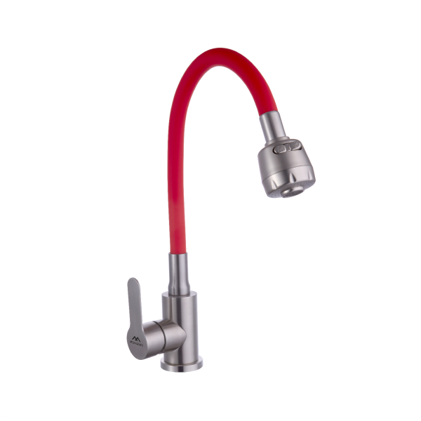 Смеситель для кухни с гибким изливом FASHUN A54101+N7348, сатин/красный