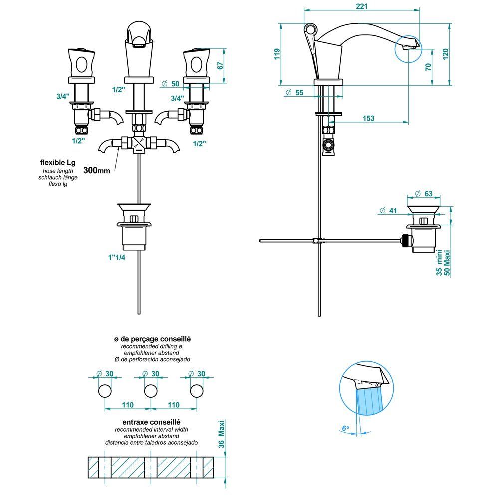 THG BAGATELLE PIERRE NOIRE Смеситель для раковины на 3 отверстия, с донным клапаном, ручки черные, цвет хром THG BAGATELLE PIERRE NOIRE Смеситель для раковины на 3 отверстия, с донным клапаном, ручки черные, цвет хром
