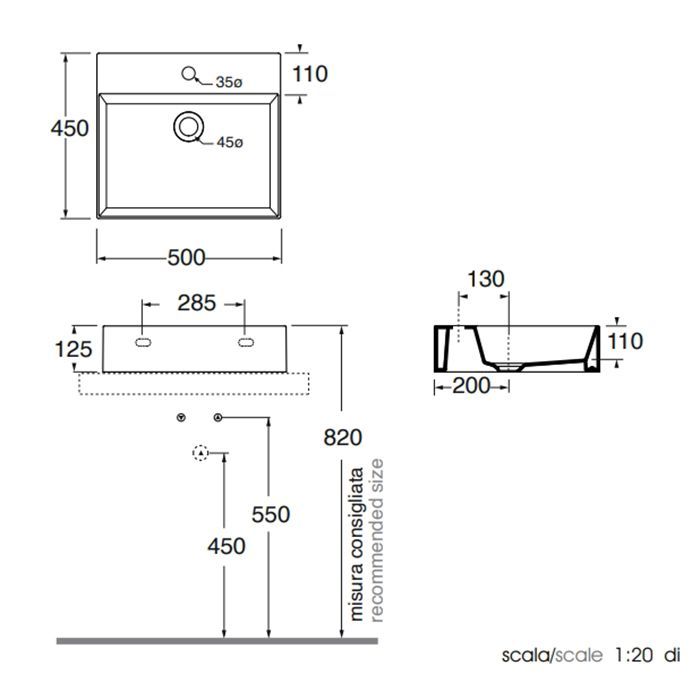 AZZURRA ELEGANCE Squared раковина подвесная/накладная 50х45см с 1 отв. под смеситель , цвет CARBONE