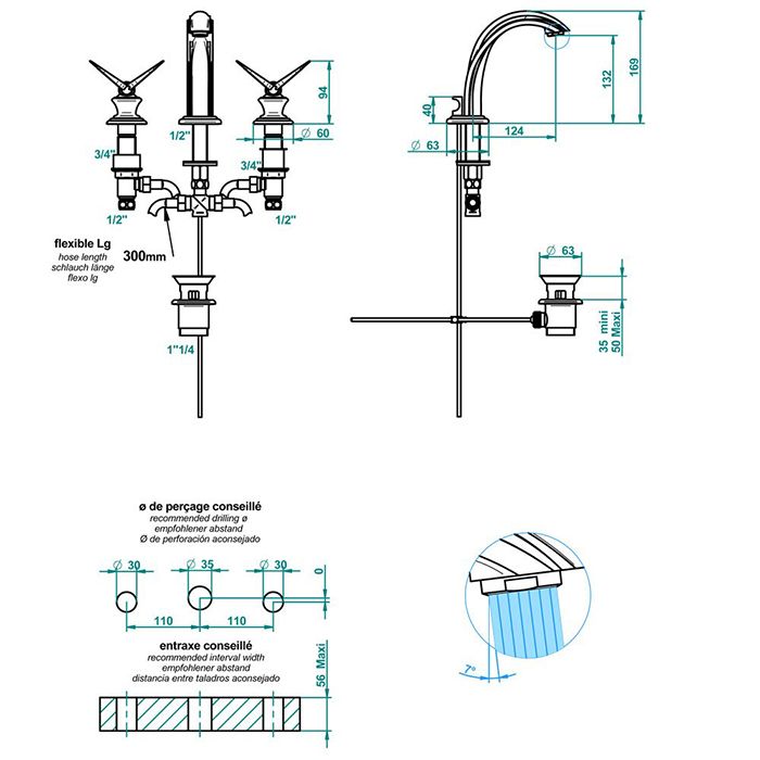 THG PAPILLON Смеситель для раковины на 3 отверстия, с донным клапаном, цвет хром