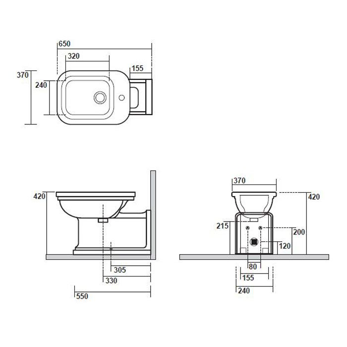 Kerasan Waldorf Биде напольное пристенное удлиненное ''Prolungato'' 65х37см с 1 отв. под смеситель, белое, цвет заглушки - хром