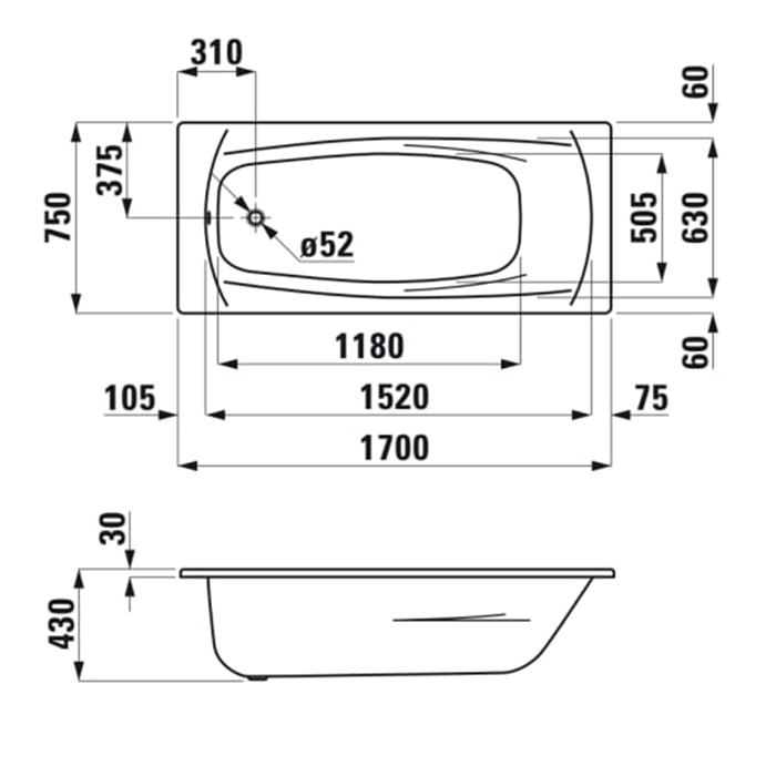 Laufen PALADIUM стальная ванна встраиваемая 1700x750 мм,сталь (3,5 мм), шумоиз покр., без отв. для ручек,антискольз. покр./ цвет белый