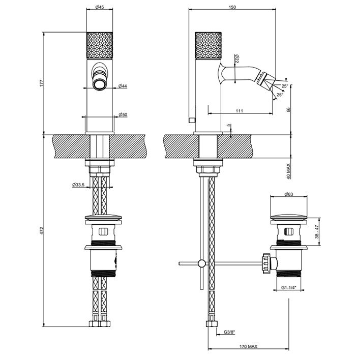 GESSI HABITO INTRECCIO Смеситель для биде на 1 отверстие, однорычажный, в комплекте с донным клапаном, цвет Black Metal PVD