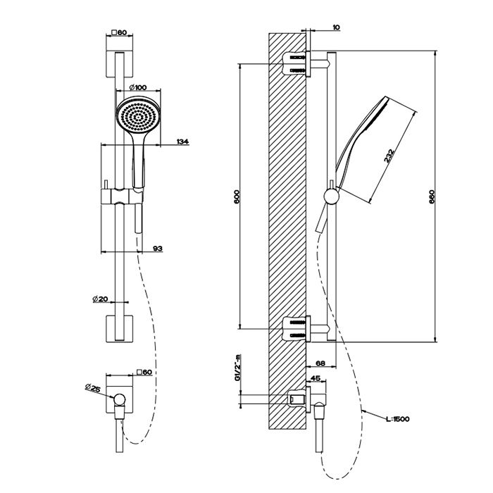 Gessi Emporio Emporio shower Штанга в комплекте с душевой лейкой, шланг 1,50 м и вывод воды, цвет: Finox Brushed Nickel