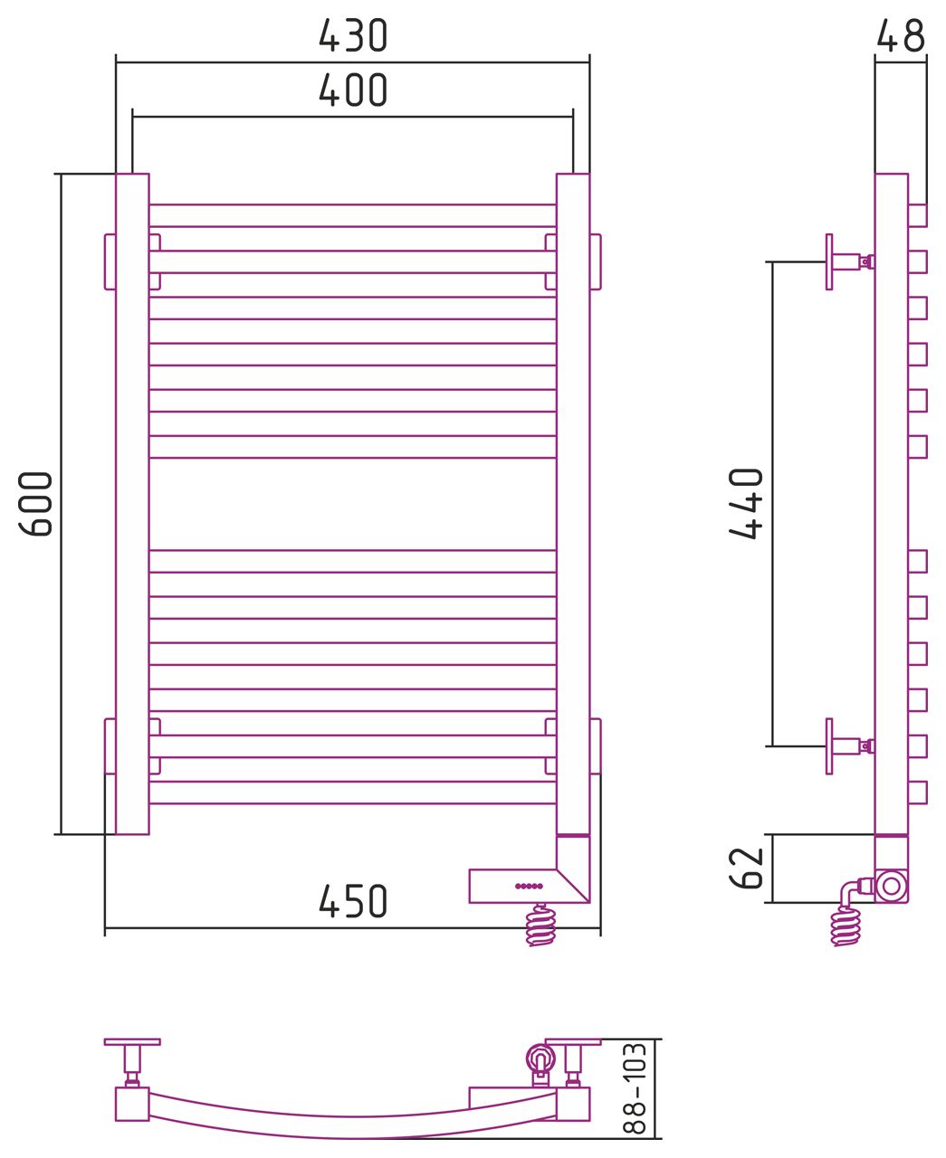 Полотенцесушитель электрический "АРКУС 2.0" 600х400 / МЭМ правый (БЕЛЫЙ)