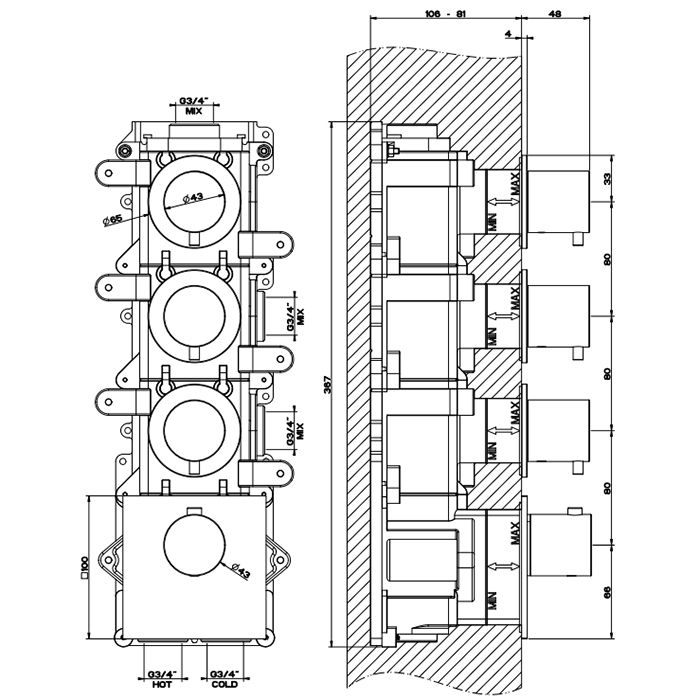 GESSI 316 Встраиваемый термостатический смеситель на 3 источника, резьба 3/4" (внешние части), цвет: brushed black metal pvd GESSI 316 Встраиваемый термостатический смеситель на 3 источника, резьба 3/4" (внешние части), цвет: brushed black metal pvd
