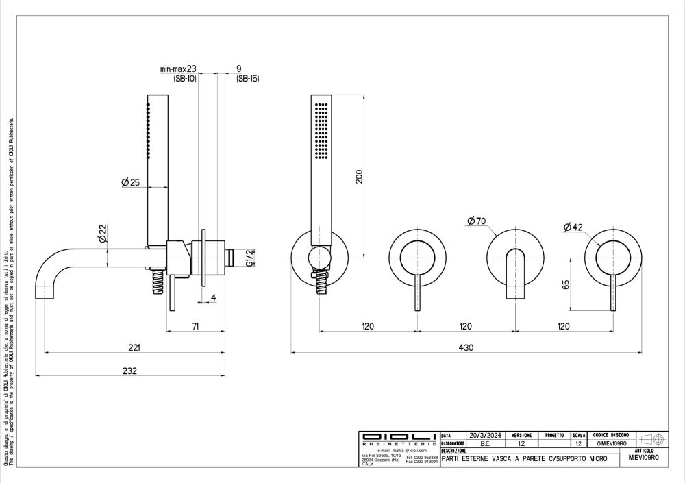 Oioli Micro, встраиваемый в стену смеситель для ванны (излив 22.1 см), без вн/ч OIPIVA35002E, цвет брашированное золото