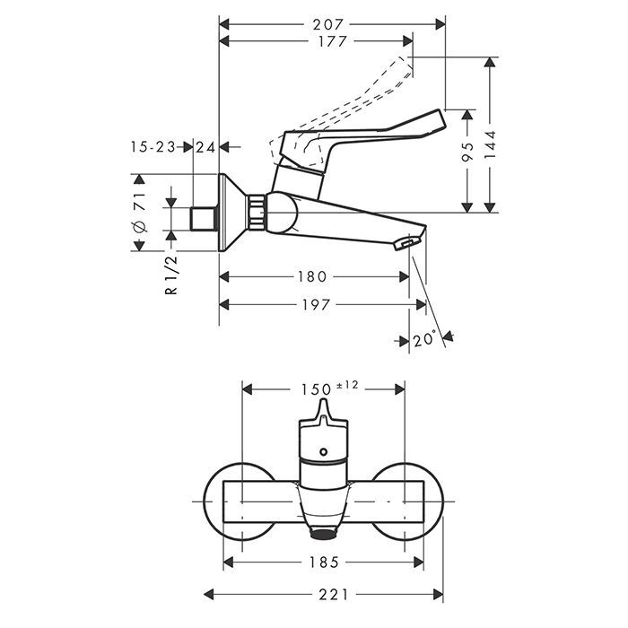 HG Focus Care Смеситель для раковины, настенный , излив 180мм, длинная ручка, цвет: хром HG Focus Care Смеситель для раковины, настенный , излив 180мм, длинная ручка, цвет: хром