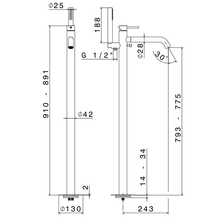 Newform X-STEEL 316 Смеситель для ванны напольный, излив 243 мм, в компл: руч. душ, шланг, без встр. части, (для 27819) цвет: PVD Brushed copper bronz Newform X-STEEL 316 Смеситель для ванны напольный, излив 243 мм, в компл: руч. душ, шланг, без встр. части, (для 27819) цвет: PVD Brushed copper bronz