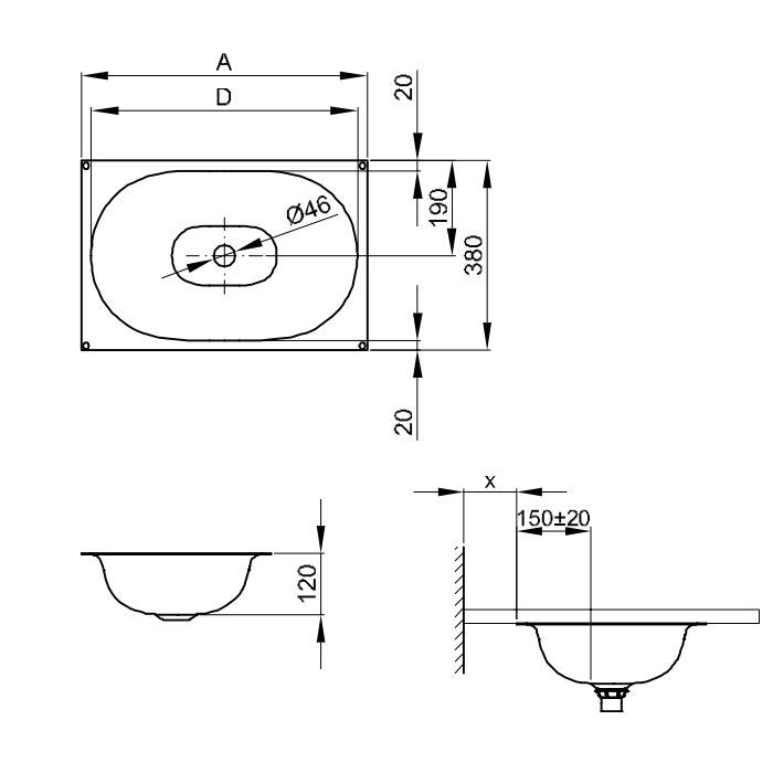 BETTE COMODO Раковина встраиваемая снизу  574х380х120 мм,  без отв под смес.без перел.цвет белый