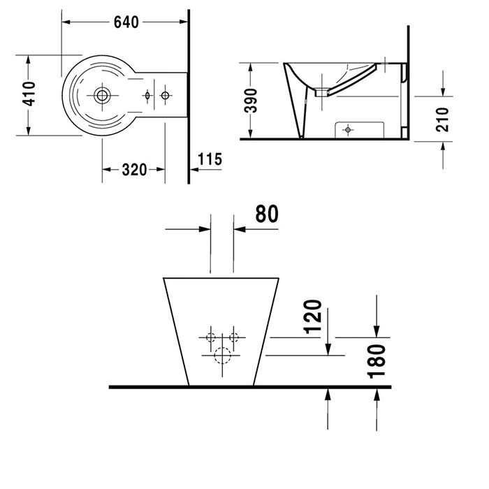 Duravit  Биде напольное приставное, 640х410 мм, с 1 отв под смеситель, цвет белый