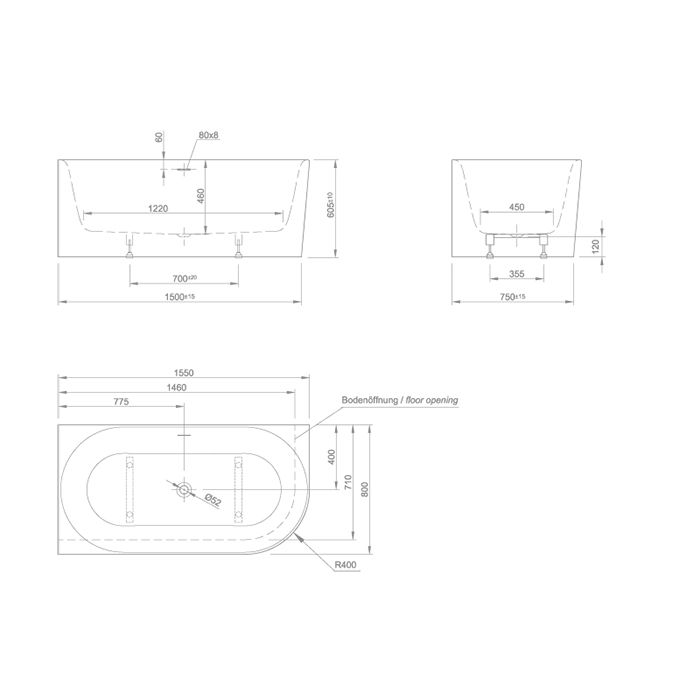 KNIEF Fresh XS Ванна в левый угол 155х80х60см,слив щелевой, без слив-перелива, цвет белый глянцевый