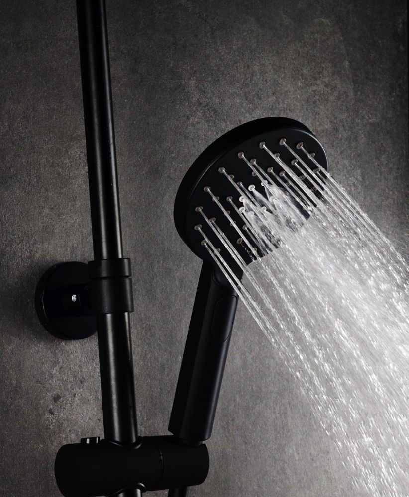 AQG Beta, душевая колонна регул. по высоте 95-150 см, cо смесителем и круглым верхним душем 25 см, цвет черный матовый, артикул 21NITR25BEA05