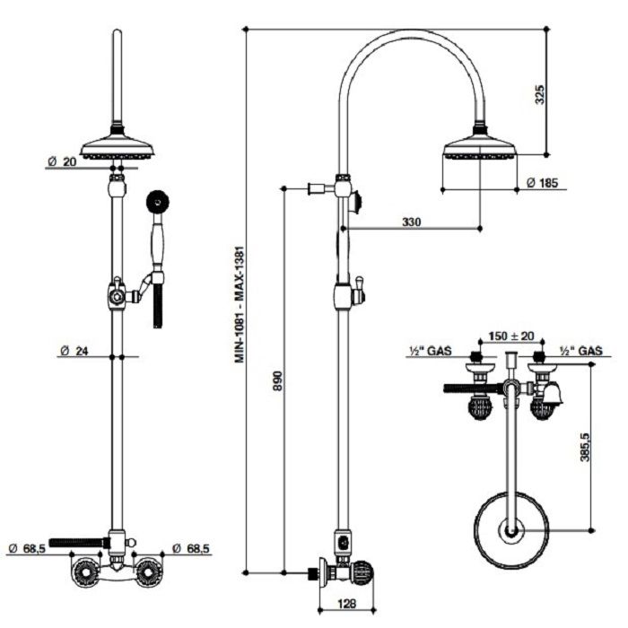 Bongio Rivoli Смеситель  душевой со стойкой с верхним и ручным душем, цвет хром/Cristallo 00