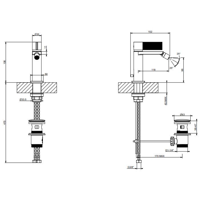 GESSI  INVERSO DIAMANTATO Смеситель для биде с донным клапаном и соединительными шлангами, цвет: Matte Black