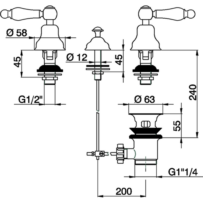 CISAL Arcana Toscana Смеситель для биде на 3 отверстия без излива, с донным клапаном, цвет хром/белый