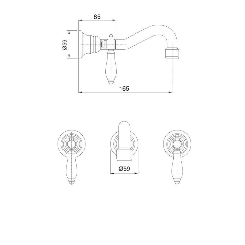 FIMA|Carlo Frattini Herend Смеситель для раковины настенного монтажа, на 3 отверстия, излив 159 мм, внешняя часть, донный клапан click- clack, цв хром